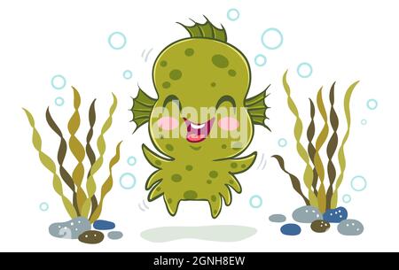 Vector illustration of a water monster in kawaii style. Illustration of a cute kid in Aqua monster costume. Halloween monster. Stock Vector