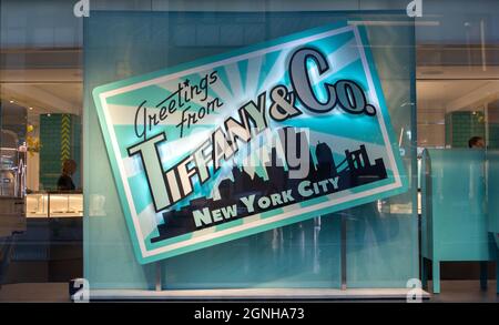 store display window of Tiffany and Co. flagship store on Fifth Avenue in Manhattan, New York City, the American luxury jewelry brand bought by LVMH Stock Photo