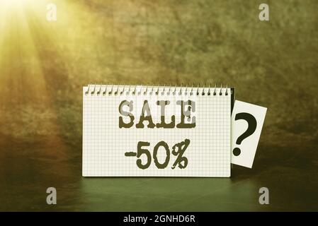 Text showing inspiration Sale 50 Percent, Word Written on A promo price of an item at 50 percent markdown Brainstorming The New Idea Of Solutions And Stock Photo