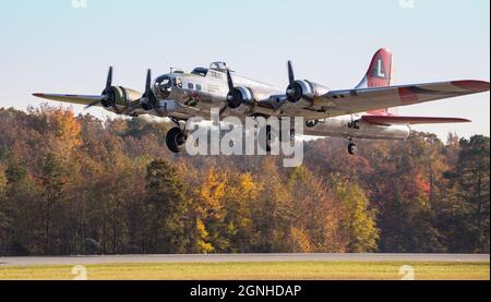 MONROE, NC (USA) - November 10, 2018: A B-17 'Flying Fortress' takes off from a runway at the Warbirds Over Monroe Air Show.