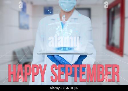 Conceptual display Happy September. Business approach welcoming the joy may bring of the ninth month of the year Man In Uniform Standing Holding Stock Photo