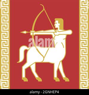 Centaur or Sagittarius Archer vector illustration. Half man, half horse with bow and arrow drawing with heavy outline. Classical Greek border Stock Vector