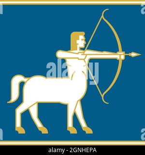 Centaur or Sagittarius Archer vector illustration. Half man, half horse with bow and arrow simplified drawing with heavy outline. Stock Vector
