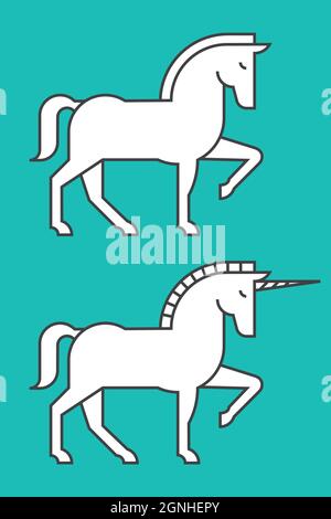 Horse and Unicorn vector illustrations. Set of two simplified drawings of horse and unicorn one raised hoof, Flat design graphic with bold, heavy blac Stock Vector