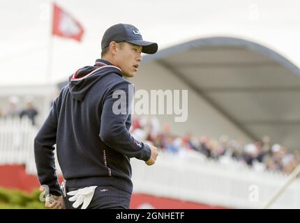 Kohler, United States. 25th Sep, 2021. Team USA's Collin Morikawa celebrates sinking his putt for birdie on the 15th green in the 43rd Ryder Cup at Whistling Straits on Saturday, September 25, 2021 in Kohler, Wisconsin. Photo by Mark Black/UPI Credit: UPI/Alamy Live News Stock Photo