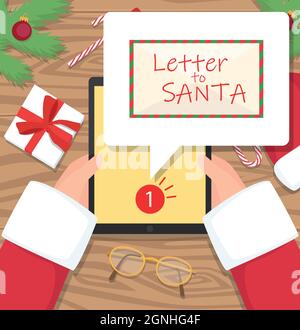 Santa claus is sitting at his workplace desk and receiving one message on his tablet - flat design vector illustration. Santa is holding his tablet on Stock Vector