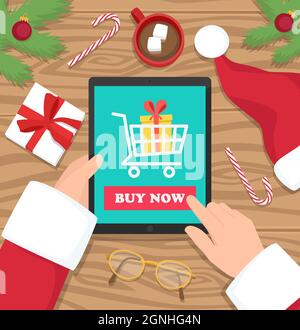 Santa Claus is shopping gifts on digital tablet in e-shop - flat design vector illustration. Santa is holding his tablet on wooden desk. Stock Vector