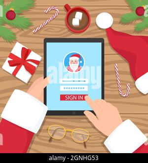 Santa Claus is log in to his digital account - flat design vector illustration. Santa is holding his tablet on wooden desk. Stock Vector