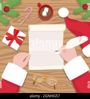 Santa Claus writes letter on his desk - flat design vector illustration. Stock Vector
