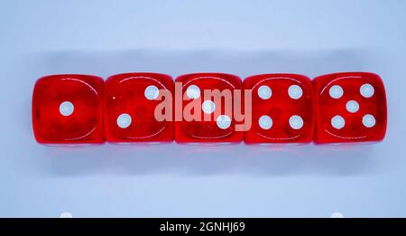 Casino five dices for gambling poker isolated on white Stock Photo