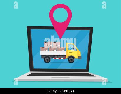 Cartoon style, vector illustration, of trucking delivery truck on laptop screen. Flat design graphic. Stock Vector