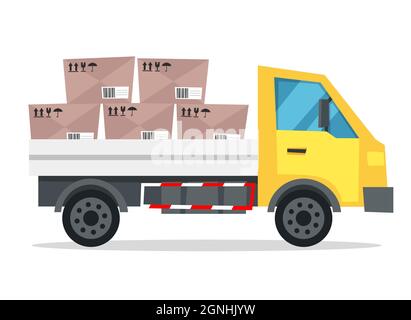 Cartoon style vector illustration of delivery truck with cardboard boxes. Truck is isolated on white background Stock Vector