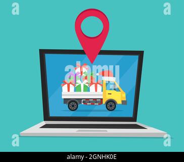 Cartoon style vector illustration of racking on laptop screen a delivery truck with santa hat and bunch of christmas presents tracking. Stock Vector
