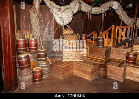 provisions in classic tall ship with rope rigging and sails. Stock Photo