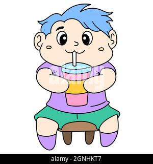 a small child is sitting cute drinking water from a glass Stock Vector