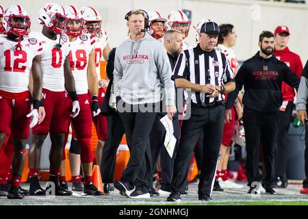 East Lansing, Michigan, USA. 25th Sep, 2021. Nebraska head coach SCOTT FROST patrols the sideline during Michigan State's 23-20 win over Nebraska at Spartan Stadium. (Credit Image: © Scott Mapes/ZUMA Press Wire) Stock Photo