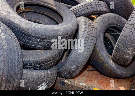 Old used damaged heavy-duty tires from agricultural mechanization piled, stacked, on homemade dump. Stock Photo