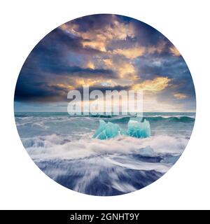 Round icon of nature with landscape. Blocks of ice washed by the waves on Jokulsarlon beach. Dramatic summer sunrise in Vatnajokull National Park, Ice Stock Photo