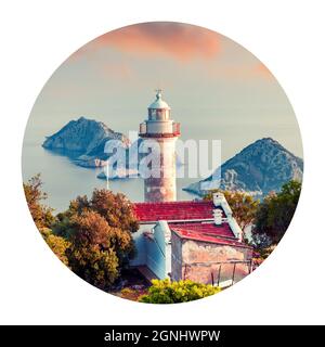 Round icon of nature with landscape. Lighthouse on Gelidonya peninsula in April. Colorful sunset in Turkey, Asia. Evening scene on Mediterranean sea. Stock Photo