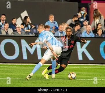 New York, USA. 25th Sep, 2021. New York, NY - September 25, 2021: Gudmundur Thorarinsson (20 ) of New York Red Bulls and Kyle Duncan (6) of Red Bulls fight for ball during regular season game at Yankee stadium Credit: Sipa USA/Alamy Live News Stock Photo