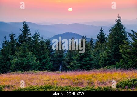 Attractive summer sunset in the Apuseni Natural Park. Colorfil outdoor scene of Romania, Europe. Beauty of nature concept background. Stock Photo