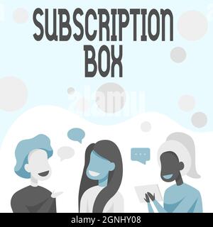 Text caption presenting Subscription Box. Word for button if you clicked on will get news or videos about site Happy Friends Talking To Each Other Stock Photo