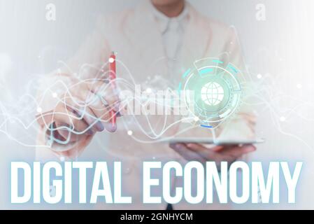 Conceptual display Digital Economy. Business showcase worldwide network of economic activities and technologies Lady In Uniform Using Futuristic Stock Photo