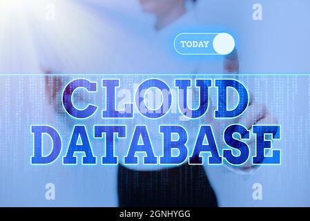 Sign displaying Cloud Database. Business approach optimized or built for a virtualized computing environment Lady Holding Tablet Pressing On Virtual Stock Photo