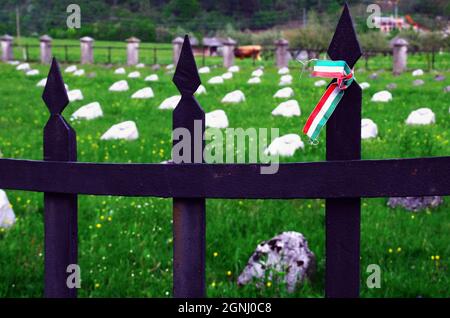 Slovenis, Most na Soci, WWI Austro-Hungarian war cemetery of Modrejce. It is placed on the banks of the river Soca. 1600 soldiers were buried there. Ribbon with the colours of the Hungarian flag tied up at the cemetery gate. Stock Photo