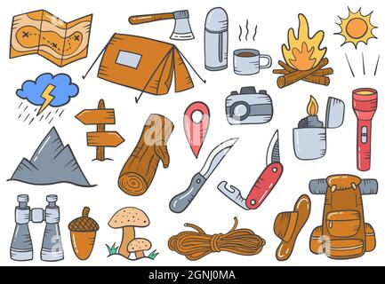 Set of doodle forest camping design elements. Hand drawn illustrations ...
