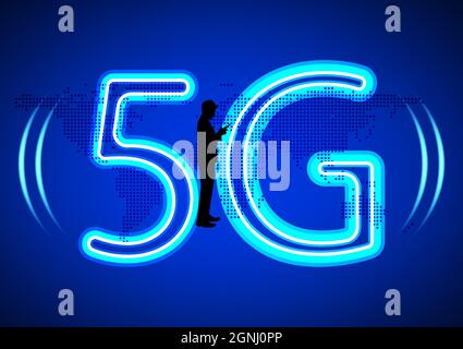 silhouette Businessman using smartphone connection technology 5G, concept using smartphone Global network connection vector illustration Stock Vector