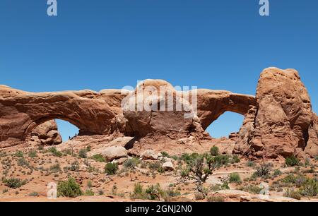 North and South Windows Arches  Arches National Park is a national park in eastern Utah, United States. The park is adjacent to the Colorado River, 4 Stock Photo