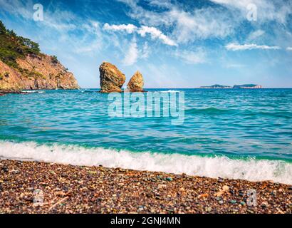 Sunny morning view of small bay near the Tekirova village, District of Kemer, Antalya Province. Amazing Mediterranean seascape in Turkey. Beauty of na Stock Photo