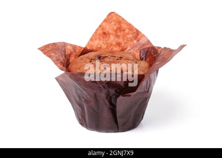 Chocolate muffin in brown parchment paper isolated on white background Stock Photo