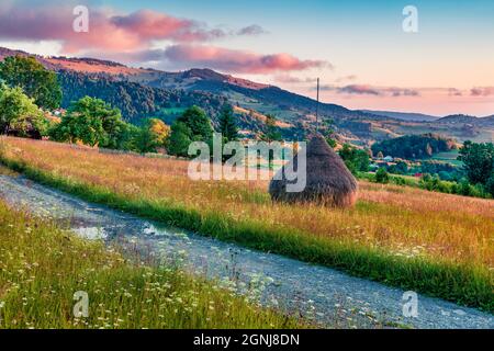 Stunning morning view of Rogojel village. Colorful summer sunrise on Apuseni Mountains, Cluj County, Romania, Europe. Beauty of countryside concept ba Stock Photo