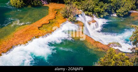 Aerial morning view of Skradinski Buk waterfall. Panoramic summer scene of Krka National Park, Lozovac village location, Croatia, Europe. Beautiful wo Stock Photo