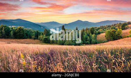 Panoramic morning view of the valley of Lacul Dragan lake, Cluj County, Romania. Astonishing summer sunrise on Apuseni Mountains. Beauty of nature con Stock Photo