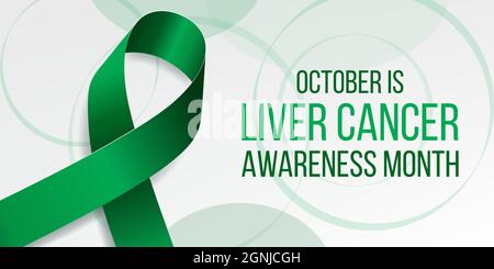 Liver Cancer Awareness Month concept. Banner with emerald green ribbon awareness and text.  Vector illustration. Stock Vector