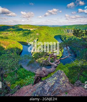 Impressive summer scene from Vyhlidka Maj viewpoint. Horseshoe shape meander of Vltava river. Colorful spring scene in Czech Republic. Beauty of natur Stock Photo