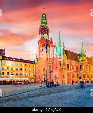 Superb evening cityscape of Wroclaw, Market Square with Town Hall. Magnificent summer scene of historical capital of Silesia, Poland, Europe. Travelin Stock Photo