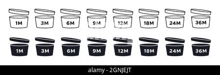 Set period after opening cosmetic icon in the simple style. PAO symbols - expiration of the use time for creams and cosmetics after opening the packag Stock Vector