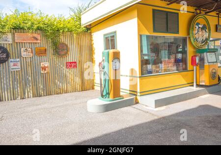 gas station pumps. Old Vintage technology Fuel Dispenser fossil fuel energy for car vehicle transportation. Stock Photo