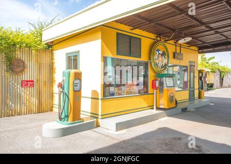 gas station pumps. Old Vintage technology Fuel Dispenser fossil fuel energy for car vehicle transportation. Stock Photo