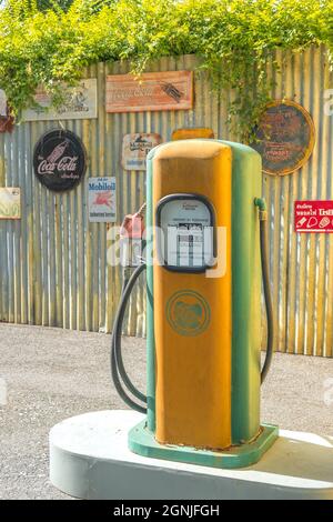 gas station pumps. Old Vintage technology Fuel Dispenser fossil fuel energy for car vehicle transportation. Stock Photo