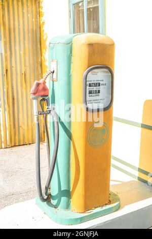 gas station pumps. Old Vintage technology Fuel Dispenser fossil fuel energy for car vehicle transportation. Stock Photo