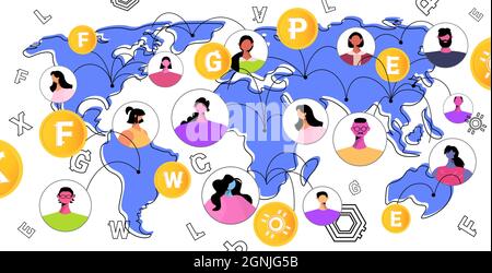 mix race people sending and receiving digital coins on world map mining virtual money cryptocurrency exchange Stock Vector