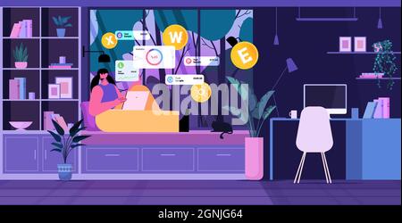 woman using cryptocurrency mining application on laptop virtual money transfer app banking transaction digital currency Stock Vector