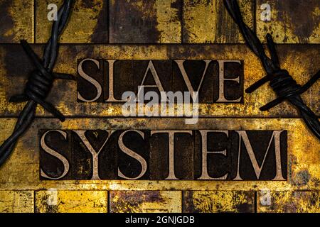 Slave System text on textured grunge copper and vintage gold background Stock Photo