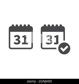 Calendar with date black vector icon. 31st page and tick checkmark. Stock Vector