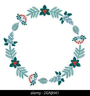 Merry Christmas floral round frame with winter plants frame - wreath in flat style. Illustrations with botanical symbols of holiday - pine, leaves, co Stock Vector